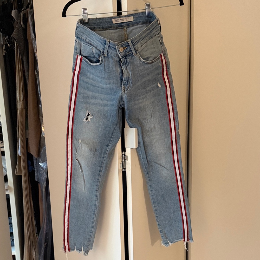 Zara Light Blue Distressed Ankle Jeans with Red & White Side Stripes